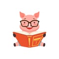 Cute smart pig sitting on the floor anf reading book, funny cartoon animal vector Illustration