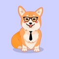 Cute smart sitting smiling corgi dog with glasses and tie vector cartoon illustration. Kawai corgi puppy print. Isolated on lilac