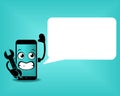 Cute smartphone mascot repair service. Mobile phone character with speech bubble blank empty.