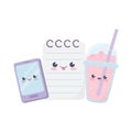 Cute smartphone milkshake and notepad kawaii cartoon character