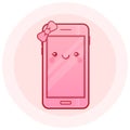 Cute smartphone vector icon. Kawaii cheerful pink mobile. Cartoon phone with funny face. Online apps.