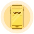 Cute smartphone vector icon. Kawaii cheerful yellow mobile with sunglasses. Cartoon phone with funny face. Online apps.