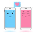 Cute smartphones with speech bubble and heart. Cute kawaii mobiles. Mobile chat, online message. Valentine's day concept