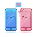 Cute smartphones with speech bubble and heart. Kawaii cheerful blue and pink mobiles.