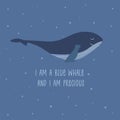 Cute smile blue whale. Hand drawn vector with inscription