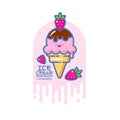 Cute Smiled ice cream illustration. Colorful ice cream on a cone. Japanese style picture.