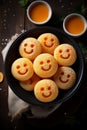 Cute smiley biscuits on a dark plate on a wooden table Royalty Free Stock Photo