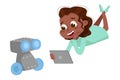 Cute Smiling African American Girl Programming Smart Robot, Kid Programmer Character Cartoon Style Vector Illustration