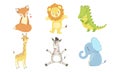 Cute Smiling Animals Set, Happy Fox, Lion, Crocodile, Giraffe, Zebra, Elephant Vector Illustration Royalty Free Stock Photo