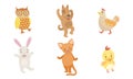 Cute Smiling Animals Set, Happy Owl, Dog, Hen,Chicken, Bunny, Cat Vector Illustration