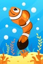 Cute smiling animals and underwater world. Cute clown fish. Undersea world animals, algae and water bubble cartoon vector Royalty Free Stock Photo