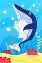 Cute smiling animals and underwater world. Cute blue whale reads newspaper. Undersea world animals, algae and water bubble cartoon