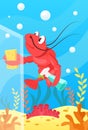 Cute smiling animals and underwater world. Cute lobster polishes glass with sponge and cleaning agent. Undersea world animals