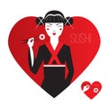 Cute Smiling Asian Girl Character on black kimono holding sushi with chopstiks. Logo in heart shape. Love japanise cousine.