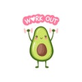 Cute smiling Avocado doing exercises with dumbbells. Funny health and fitness illustration with Cartoon fruit character.