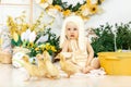 Cute smiling baby in bunny costume in colored Easter decorations, Easter concept Royalty Free Stock Photo