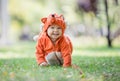 Cute smiling baby girl dressed in fox costume crawling on lawn in park Royalty Free Stock Photo