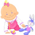 Vector cute baby girl playing with a toy rabbit Royalty Free Stock Photo