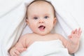 Cute smiling baby portrait lying on bathing towel