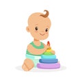Cute smiling baby sitting and playing with pyramid toy, colorful cartoon character vector Illustration