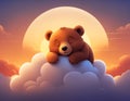 Cute smiling bear on cloud in warm sunset