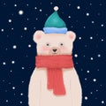 A cute smiling bear in the wool hat and scarf standing on the street ith snow