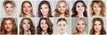 Cute smiling beauty. Beautiful female faces collage. Happy women portraits, positive emotions Royalty Free Stock Photo