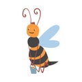 Cute Smiling Bee Carrying Bucket Full of Honey, Funny Flying Insect Character Cartoon Vector Illustration