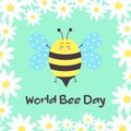 Cute smiling bee and chamomile frame. Postcard for World Bee Day