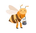Cute smiling bee standing with honey pot in paws. Happy honeybee with funny face. Childish colored flat cartoon vector