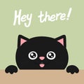 Cute smiling black cat saying Hey there. Handwriting Royalty Free Stock Photo