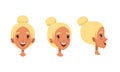 Cute Smiling Blonde Girl Set, Different View of Girl Face, Front, Profile Side and Three Quarter View Cartoon Style