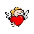 Cute smiling blonde kid angel with big red heart