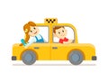 Cute smiling boy and girl riding in yellow taxi cab. Flat vector illustration, isolated on white background. Royalty Free Stock Photo
