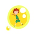 Cute smiling boy having fun inside a giant yellow soap bubble cartoon vector Illustration on a white background Royalty Free Stock Photo