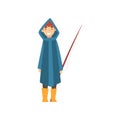 Cute Smiling Boy in Raincoat with Fishing Rod, Little Fisherman Cartoon Character Vector Illustration
