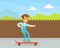 Cute Smiling Boy Riding Skateboard Outdoor, Kid Outdoor Activity Cartoon Vector Illustration