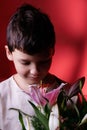 Handsome boy smelling a bouquet of lilies on red background Royalty Free Stock Photo