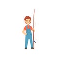 Cute Smiling Boy Standing with Fishing Rod, Little Fisherman Cartoon Character Vector Illustration