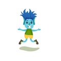 Cute smiling boy troll with blue hair and skin having fun, funny fairy tale character vector Illustrations on a white