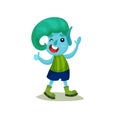 Cute smiling boy troll with turquoise hair and blue skin, funny fairy tale character vector Illustrations on a white