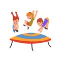 Cute Smiling Boys and Girl Jumping on Trampoline, Happy Kids Bouncing and Having Fun Cartoon Vector Illustration