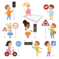 Cute Smiling Boys and Girls Child Learning Rules of Road set, Traffic Education, Rules, Safety of Kids in Traffic Vector Royalty Free Stock Photo