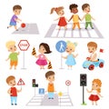 Cute Smiling Boys and Girls Crossing Streets and Learning Road Signs set, Traffic Education, Rules, Safety of Kids in