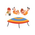 Cute Smiling Boys Jumping on Trampoline, Happy Kids Bouncing and Having Fun Cartoon Vector Illustration