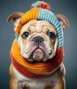 cute smiling Bulldog with scarf in a grey background, portrait created by generative AI technology
