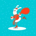 Cute smiling bunny or rabbit wearing santa claus clothes carrying christmas gift bag skating isolated on white Royalty Free Stock Photo