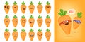 Cute smiling carrots collection isolatd on white background. Set of funky Emoji carrot. Smile vegetable sticker set with