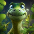 Cute smiling cartoon baby dinosaur diplodocus in the sunlight on the background of the jungle or rainforest. Royalty Free Stock Photo