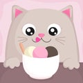 Cute smiling cartoon cat is getting ready to eat ice cream. Cat looking forward to ice cream Royalty Free Stock Photo